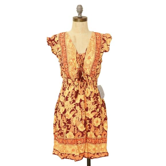 NOSTALGIA Mixed Floral Boho Dress S Printed Orange Tassels Flutter Sleeve NWT B5 - Picture 2 of 6
